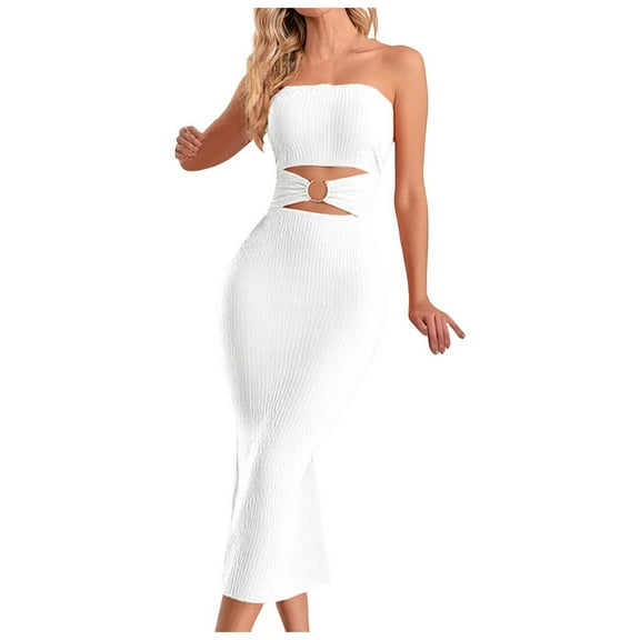 Gubotare Tube Top Dresses for Women Women's Summer Strapless Bodycon Maxi Dress 2025 Cut Out Backless Tube Cocktail Party Long Dresses (White,Size XL)