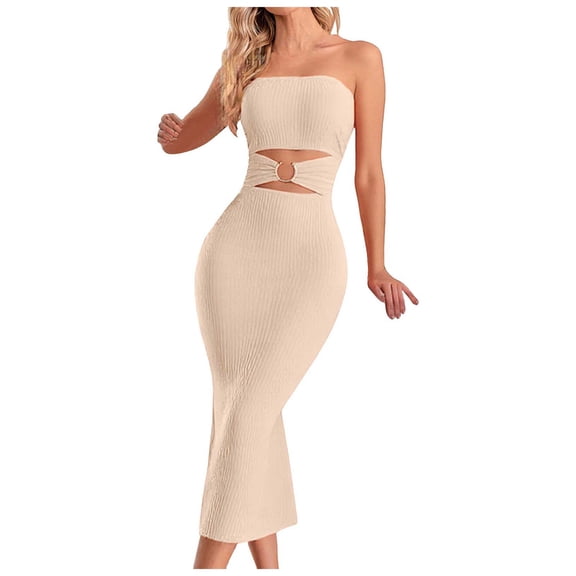 Gubotare Tube Top Dresses for Women Women's Summer Strapless Bodycon Maxi Dress 2025 Cut Out Backless Tube Cocktail Party Long Dresses (Beige,Size L)