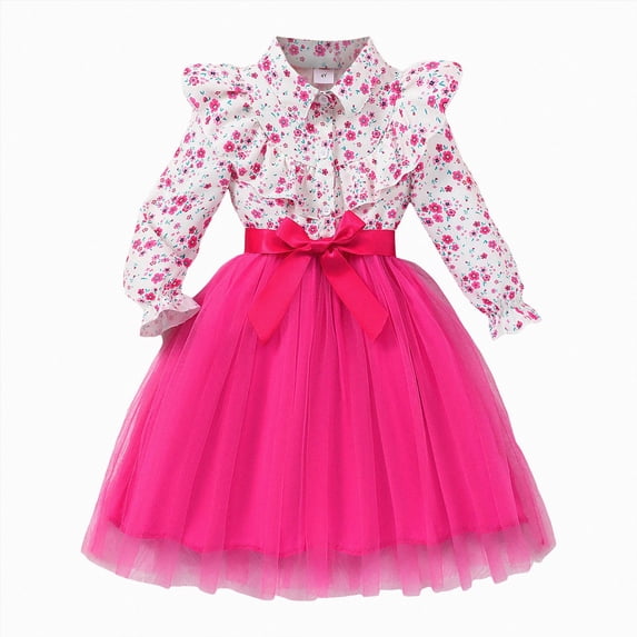 Gubotare Toddler Dresses Party Floral Princess Toddler Girls Long Sleeve Ruffle Tulle Birthday Party Dress 4T 5T (Hot Pink,4-5 Years)