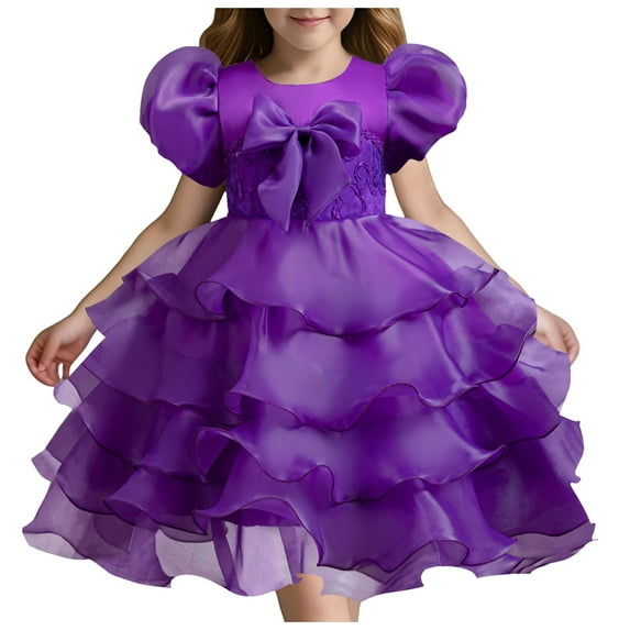 Gubotare Tulle Dress for Girls Toddler Girls Dress Ruffle Sleeve Kids Casual Party Dresses (Purple,Size 5-6 Years)