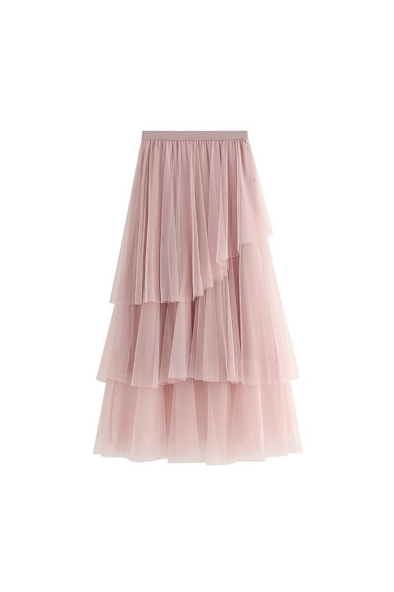 Tulle Skirts for Women Long Length Tutu Fairy Tiered Skirt A Line Mesh Elastic Waist Skirts (Pink,A)