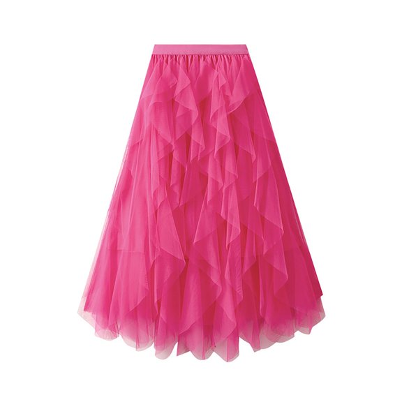 Gubotare Tulle Skirts for Women Midi Long Fairy Skirt Tutu A-Line Mesh Layered High Elastic Waist (Hot Pink,A)