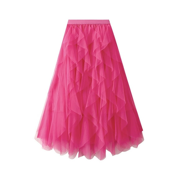 Gubotare Tulle Skirts for Women Midi Long Fairy Skirt Tutu A-Line Mesh Layered High Elastic Waist (Hot Pink,A)