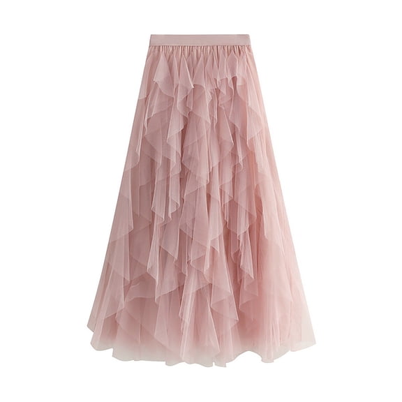 Gubotare Tulle Skirts for Women Midi Long Fairy Skirt Tutu A-Line Mesh Layered High Elastic Waist (Pink,A)