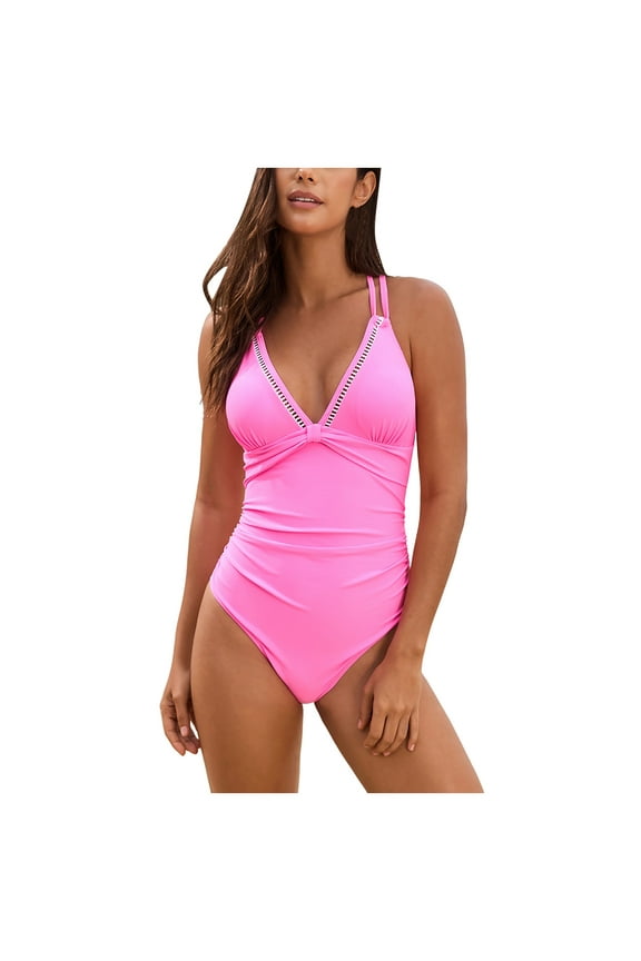 Tummy Control Swimsuits for Women Womens One Piece Swimsuits Tummy Control Ruched Bathing Suit Vintage Retro Push Up Swimwear (Pink,S)