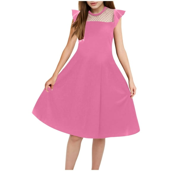 Gubotare Tween Girls Dresses Girls Casual Dress Summer Puff Short Sleeve Smocked Ruffle Dresses (Hot Pink,Size 10-12 Years)