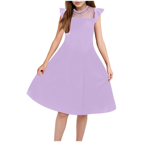 Gubotare Tween Party Dress Girl's Summer Dresses Ruffled Sleeves Tiered Swing Sundress with Pockets (Purple,Size 10-12 Years)