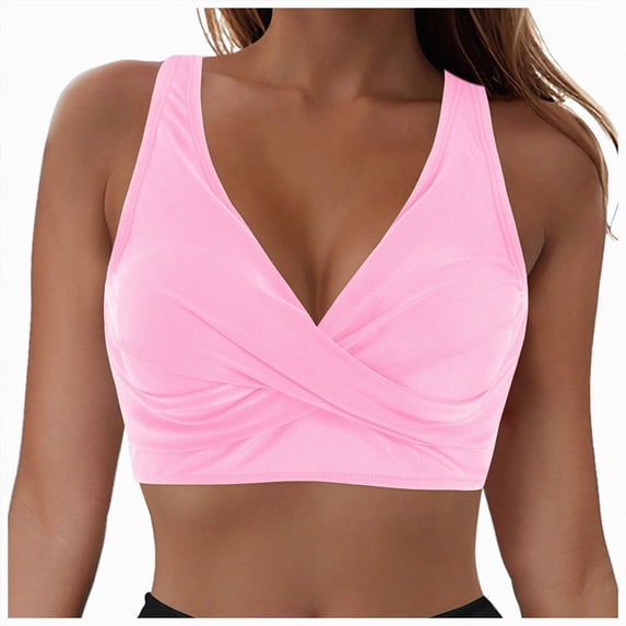 Gubotare Twist Knot Bikini Top for Women V Neck Push Up Padded Swimsuit Adjustable Straps Bathing Suit Swim Tops Only (Pink,XXL)