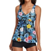 GUBOTARE Two Piece Bathing Suits for Womens Flowy Tankini Swimsuits Tummy Control Swimwear with Boyshorts,Blue S