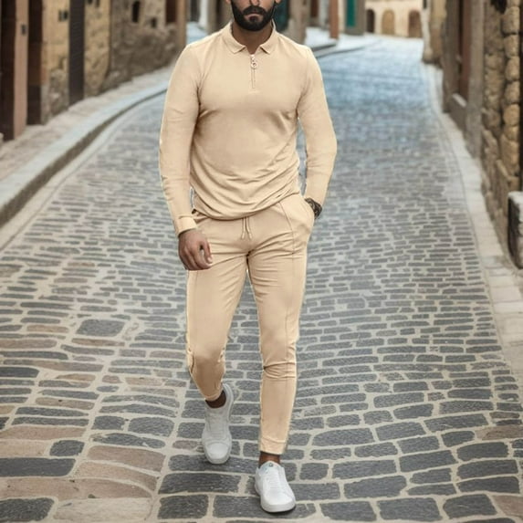 Gubotare Two Piece Set for Men Solid Turndown Neck Long Sleeve Shirts & Long Pants Sets (Khaki, XXXL)