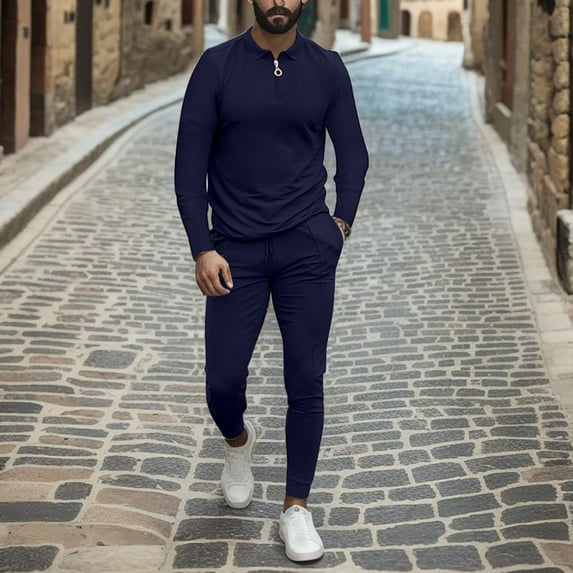 Gubotare Two Piece Set for Men Solid Turndown Neck Long Sleeve Shirts & Long Pants Sets (Navy, L)