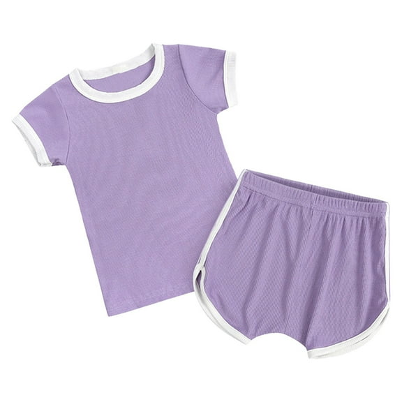 Gubotare Two Piece Short Set Toddler Girl's 2 Piece Outfits Short Sleeve Round Neck Tee Shirts Top and Shorts Summer Set (Purple,12-18 Months)
