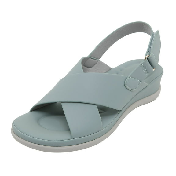 Gubotare Wide Sandals for Women 2025 Dressy Strappy Arch Support Flat Wedge Sandals Walking Women Open Toe Ankle Strap Comfortable Platform Slip-On Shoes for Summer Beach Casual (Blue,Size 9)