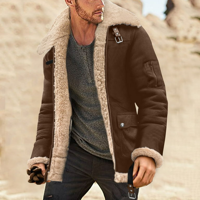 Gubotare Winter Coats for Men Winter Coat Lapel Collar Long Sleeve Padded Leather Jacket Vintage Thicken Coat Khaki XXXXL Walmart