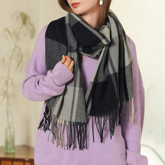 Gubotare Winter Scarf Sweet Gifts for Women carves for Women Gifts Plaid Blanket Scarf Shawls Wraps Big Grid Winter Warm Lattice Large Scarves Gifts (Black Ink,One Size)