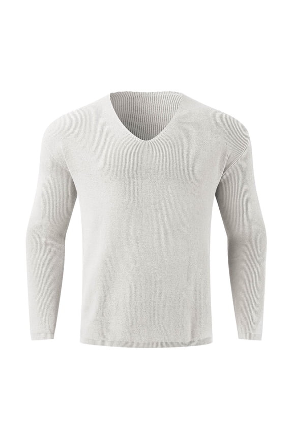 Winter Sweater for Men Knitted Long Sleeve Sweater Deep V Neck Solid Color Top (White, XL)