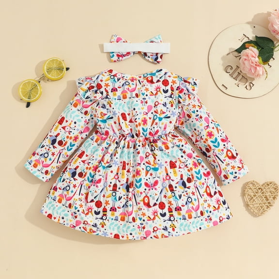 Gubotare Winter Toddler Girl Clothes Autumn Birds Print Floral Long Sleeve Princess Dress Headbands Clothes (A,9-12 Months)