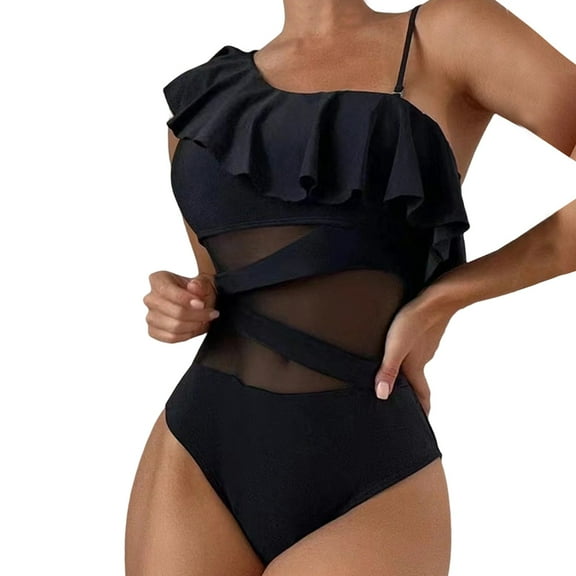 Gubotare Woman Swimsuit One Piece Womens Swimsuits Y2k Ruffle Bathing Suit Spaghetti Strap Square Neck Tummy Control Swimwear (Black,L)