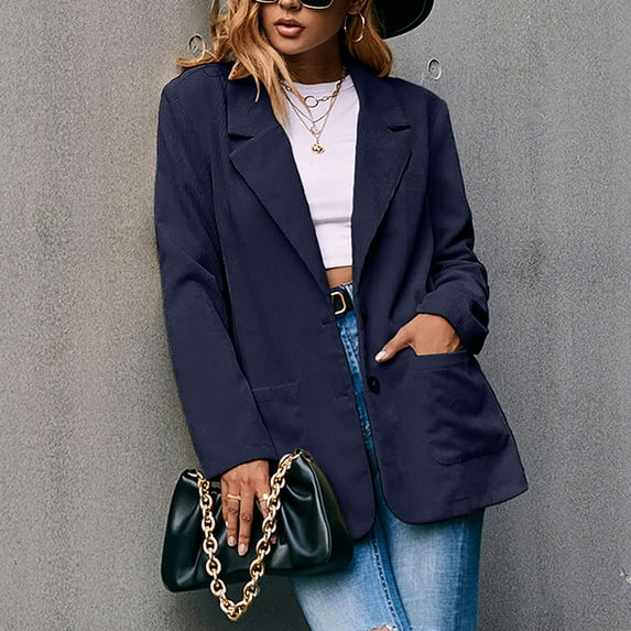 Gubotare Women Blazers Women's Long Ruched Sleeve Lightweight Shawl Lapel with Shoulder Pads (Navy,L)