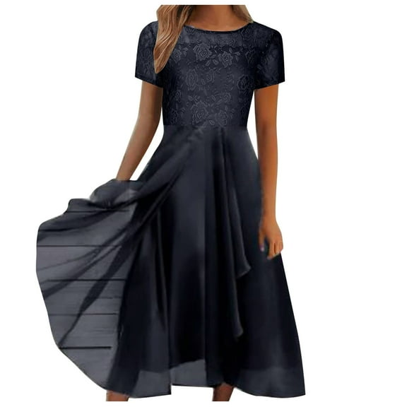 Gubotare Women Floral Lace V Neck Short Sleeve Formal Chiffon Dress, Swing Party Midi Wedding Guest Dresses for Women(Black,M)