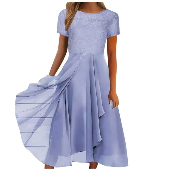Gubotare Women Floral Lace V Neck Short Sleeve Formal Chiffon Dress, Swing Party Midi Wedding Guest Dresses for Women(Blue,XXL)
