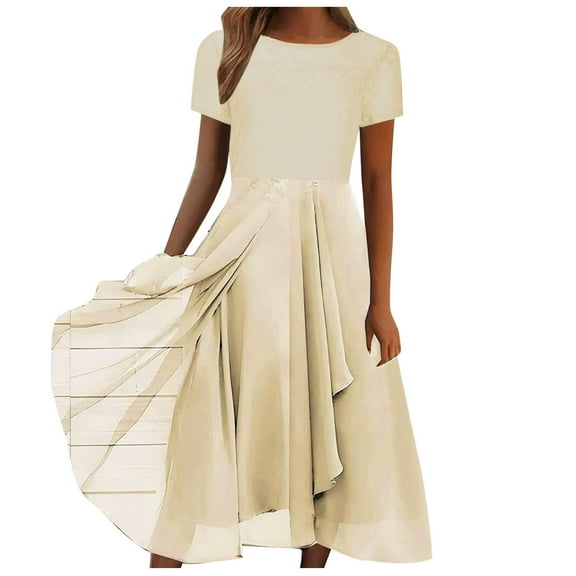 Gubotare Women Floral Lace V Neck Short Sleeve Formal Chiffon Dress, Swing Party Midi Wedding Guest Dresses for Women(Gold,M)