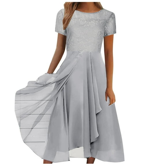 Gubotare Women Floral Lace V Neck Short Sleeve Formal Chiffon Dress, Swing Party Midi Wedding Guest Dresses for Women(White,M)