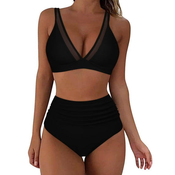 Gubotare Women High Waisted Bikini Sets Tummy Control Swimsuits Color Block Two Piece Drawstring Bathing Suit (Black,S)
