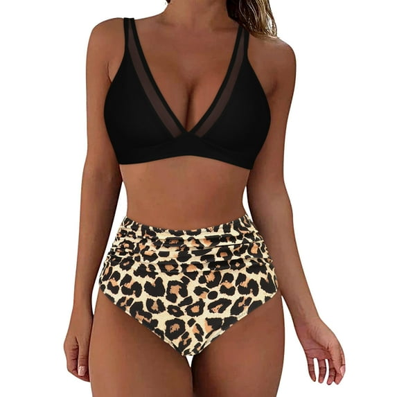 Gubotare Women High Waisted Bikini Sets Tummy Control Swimsuits Color Block Two Piece Drawstring Bathing Suit (Khaki,L)