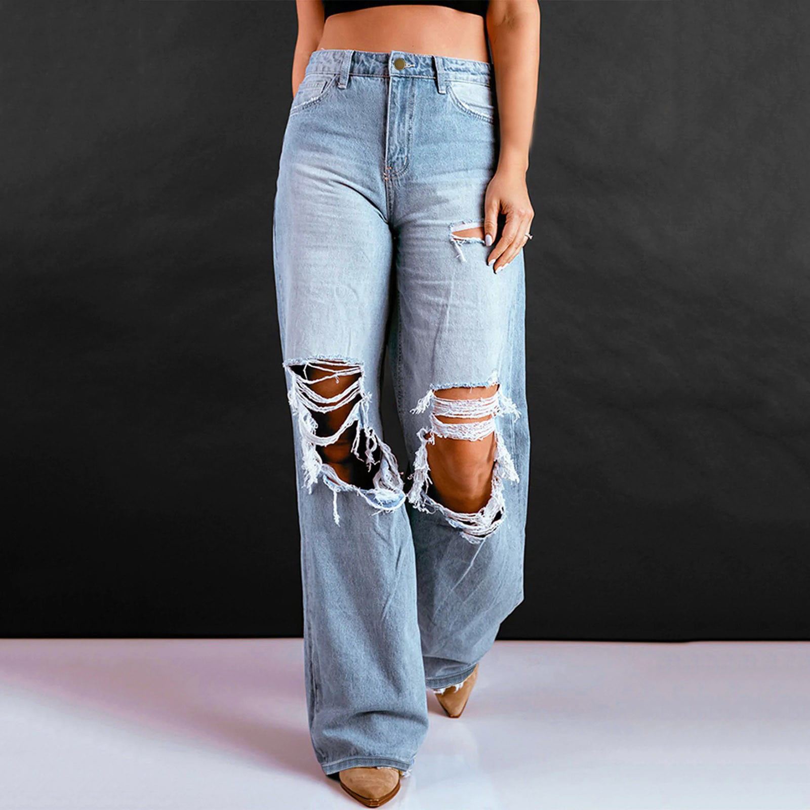 Teen Girl Ripped Hole Wide Leg Jeans Fashion Loose Straight