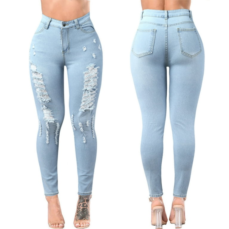 Fashion Ladies Jeans Ripped Casual Skinny Jeans Blue Classic Jeans