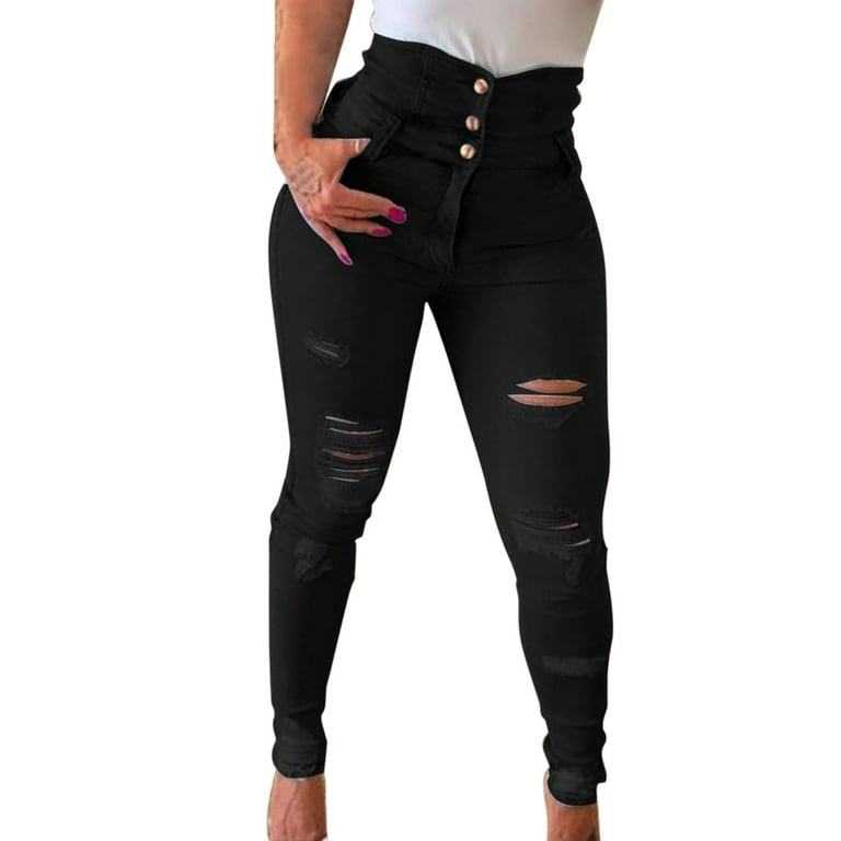 Gubotare Women Jeans Skinny Women's Stretch Pull-On Skinny Ripped  Distressed Denim Jeggings Regular,Black XL 