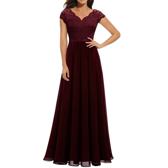 Gubotare Women Lace Maxi Dress Evening Party Elegant V-Neck Dresses for Wedding Guest Solid Backless Wedding Ball Prom formal Dress,Red S