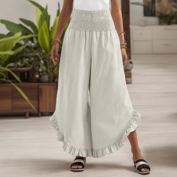 Gubotare Women Pants for Work Womens Capri Yoga Pants Wide Leg Loose Comfy Lounge Capris Casual Summer Flowy Crop Pants with Pockets (White,XXL)