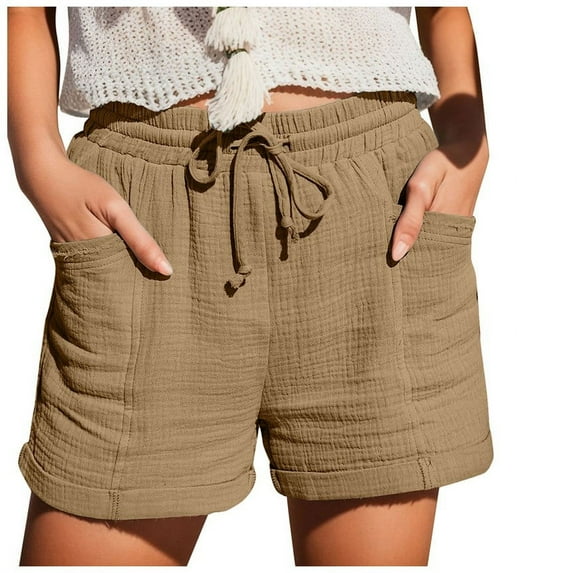 Gubotare Women Shorts Women Summer Drawstring Elastic Waist Casual Solid Shorts Short Pants Khaki 4XL