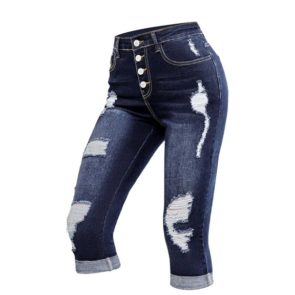 Gubotare Women Summer Elastic Denim Casual Cropped Trousers Cropped Jeans (Blue,XL)