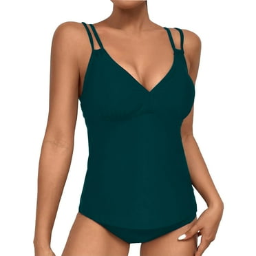 Gubotare Women Swimsuits Women's Solid Ruched Tankini Top Swimsuit with Triangle Briefs (Green,XXL)