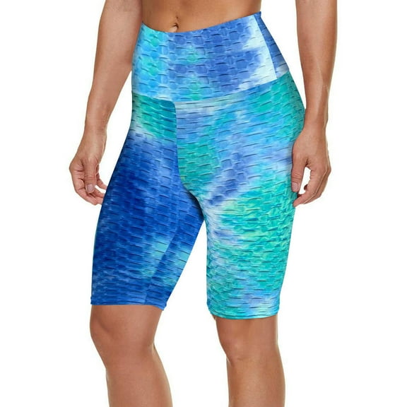 Gubotare Women Workout Biker Shorts Brazilian Textured Booty Leggings Shorts Anti-Cellulite Scrunch Honeycomb Ruched Lift,Blue S