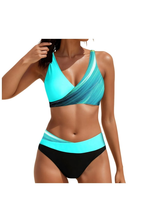 Women's Bikini Swimsuits V Neck High Waisted 2 Piece Bathing Suits (Mint Green,XL)