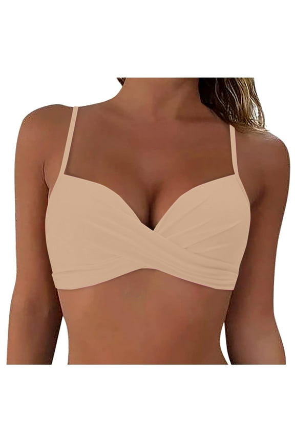Women's Bikini Top Bathing Suit V Neck Adjustable Spaghetti Straps Twist Front (Beige,S)