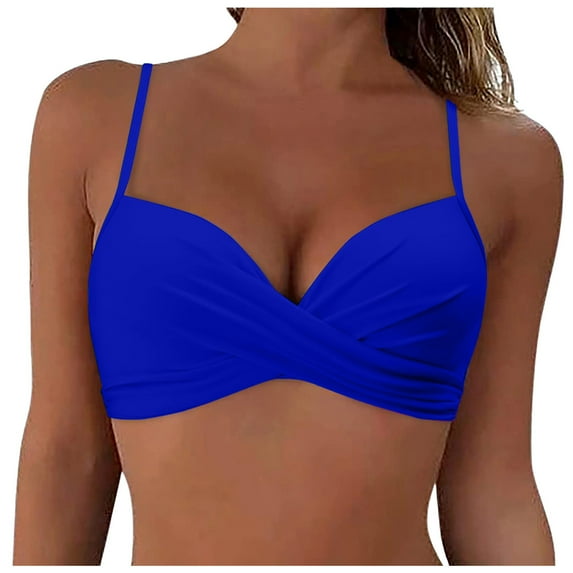 Gubotare Women's Bikini Top Bathing Suit V Neck Adjustable Spaghetti Straps Twist Front (Blue,XL)
