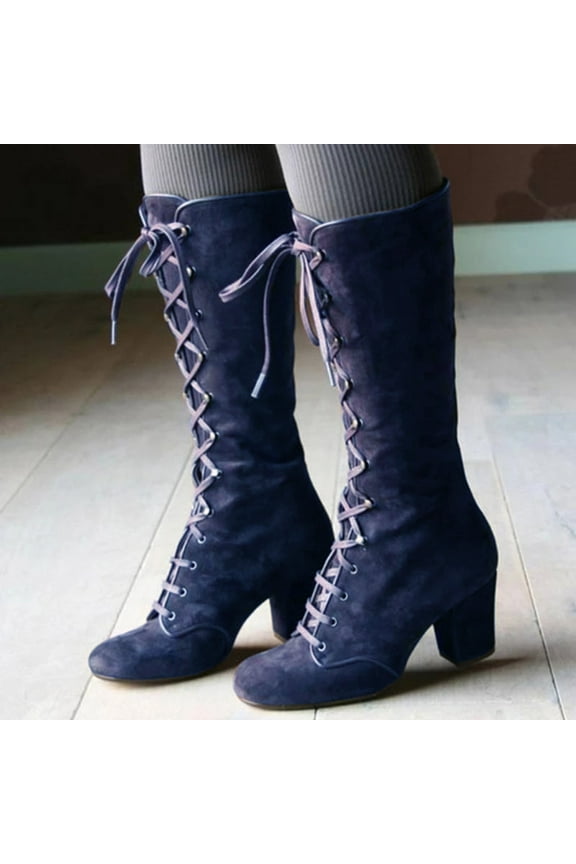 Women's Boots Mid Calf Womens Western Cowgirl Mid Calf Boots Comfortable Pull On Pointed Toe Low Heel Walking Boots for Ladies (Blue,8)