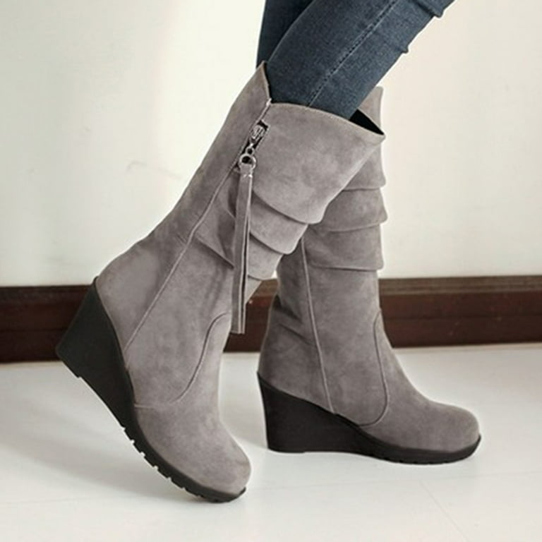 Grey mid calf high heel boots hotsell