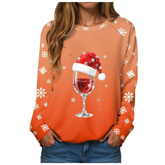 Gubotare Women's Casual Crew Neck Christmas Sweatshirt Loose Soft Long Sleeve Pullover Tops Christmas Sweatshirts for Women (Orange,XL)