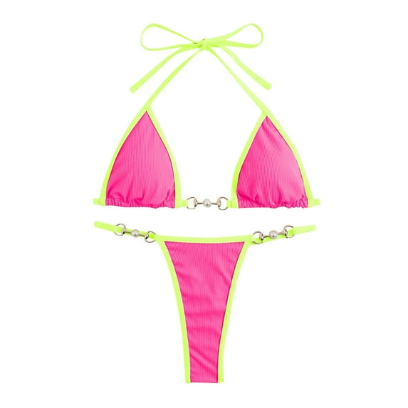 Gubotare Women's Chain Triangle Thong Bikini Set Sexy Two Piece Swimsuit Bathing Suit Hot Pink L