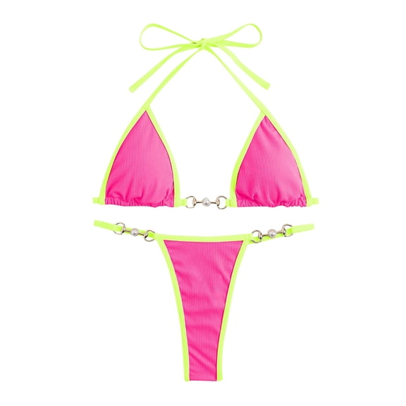 Gubotare Women's Chain Triangle Thong Bikini Set Sexy Two Piece Swimsuit Bathing Suit Hot Pink M