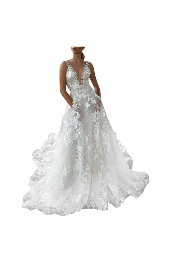 Women's Elegant Lace Dress Deep V Sling Bridal Wedding Evening Dress Gowns for Women Wedding Dresses for Bride Sleeveless Dresses Womens Plus Size Dressy Dresses(White,XL)