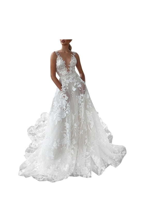Women's Elegant Lace Dress Deep V Sling Bridal Wedding Evening Dress Women's formal Dress,White M