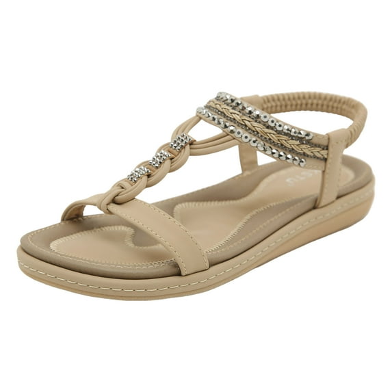 Gubotare Women's Flat Sandals Women Sandals Walking Flats Summer Beach Sandals Arch Support Casual Dressy Shoes for Women Elastic Ankle Strap Jeweled Bohemian Shoes (Khaki,Size 12)