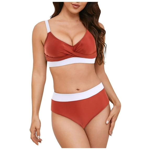 Gubotare Women's High Cut Bikini Set 2 Piece Sporty Swimsuit Color Block Bathing Suit with Trim S-XXL,Brick Red M